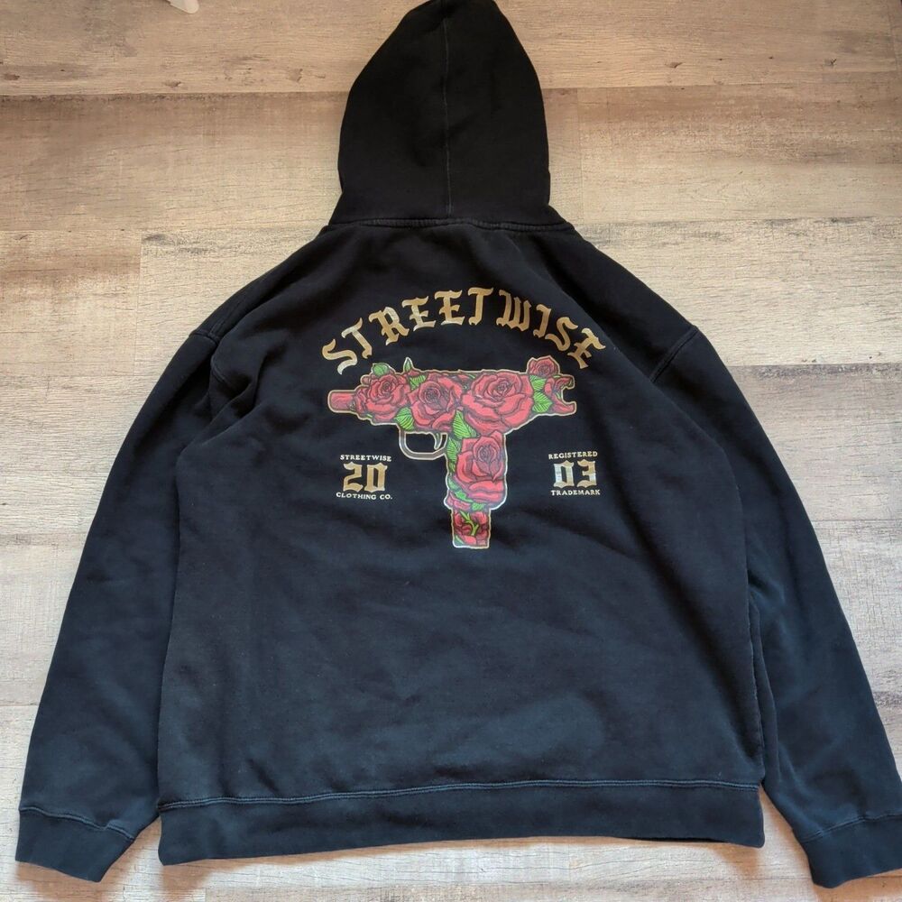 Streetwise Clothing Men's Black Hoodie Pullover Rose Gun Graphic 2XL Los Angeles